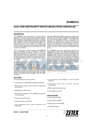 ZLNB2013 datasheet - DUAL TONE AND POLARITY SWITCH LNB MULTIPLEX CONTROLLER