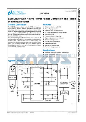 LM3450 datasheet - LED Driver with Active Power Factor Correction and Phase Dimming Decoder