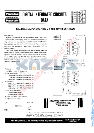 MN4164-15 datasheet - NMOS 65,536 X 1 BIT DYNAMIC RAM