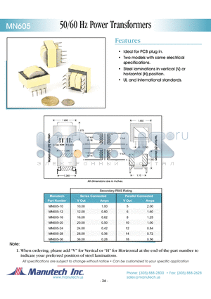 MN605-10 datasheet - 50/60 Hz Power Transformers