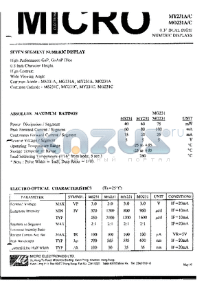 MO231C datasheet - 0.3 DUAL DIGIT NUMERIC DISPLAYS