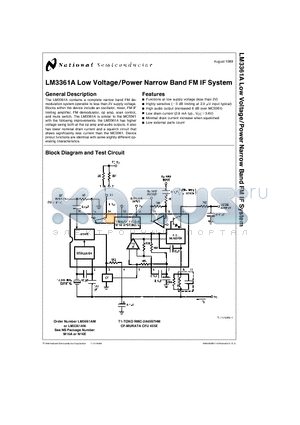 LM3661 datasheet - LM3361A Low Voltage/Power Narrow Band FM IF System