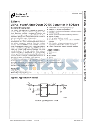 LM3671MFX-ADJ datasheet - 2MHz , 600mA Step-Down DC-DC Converter in SOT23-5