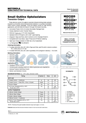 MOC205 datasheet - SMALL OUTLINE OPTOISOLATORS TRANSISTOR OUTPUT