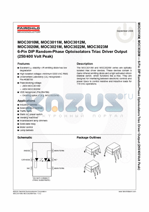 MOC3012M datasheet - 6-Pin DIP Random-Phase Optoisolators Triac Driver Output (250/400 Volt Peak)