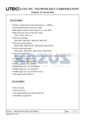 MOC3022 datasheet - 6pin DIP photocoupler, triac driver output