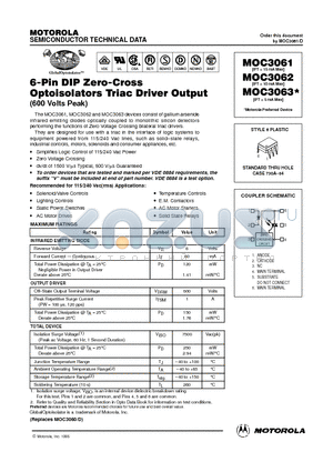 MOC3062 datasheet - 6-Pin DIP Zero-Cross Optoisolators Triac Driver Output