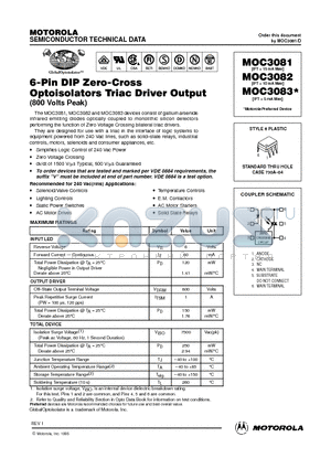 MOC3083 datasheet - 6-Pin DIP Zero-Cross Optoisolators Triac Driver Output