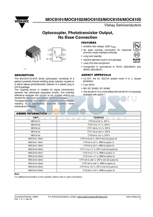MOC8101-X006 datasheet - Optocoupler, Phototransistor Output, No Base Connection