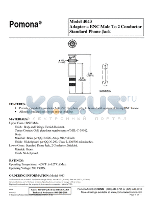 MODEL4043 datasheet - Adapter  BNC Male To 2 Conductor Standard Phone Jack