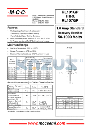 RL104GP datasheet - 1.0 Amp Standard Recovery Rectifier 50-1000 Volts