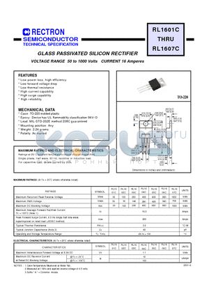 RL1606C datasheet - GLASS PASSIVATED SILICON RECTIFIER (VOLTAGE RANGE 50 to 1000 Volts CURRENT 16 Amperes)