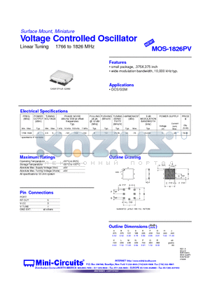 MOS-1826PV datasheet - Surface Mount, Miniature Voltage Controlled Oscillator Linear Tuning 1766 to 1826 MHz