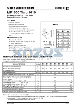 MP1010 datasheet - Silicon Bridge Rectifiers