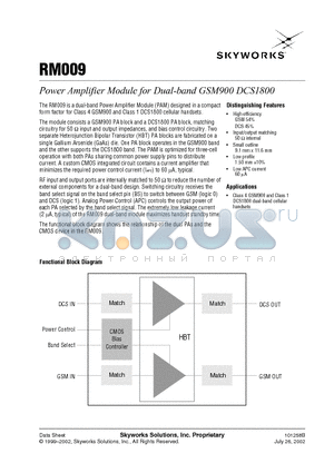 RM009 datasheet - Power Amplifier Module for Dual-band GSM900 DCS1800