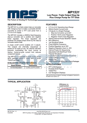 MP1531DQ datasheet - Low Power, Triple Output Step-Up Plus Charge Pump for TFT Bias