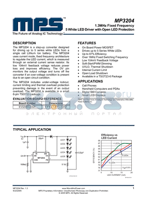 MP3204 datasheet - 1.3MHz Fixed Frequency 5 White LED Driver with Open LED Protection