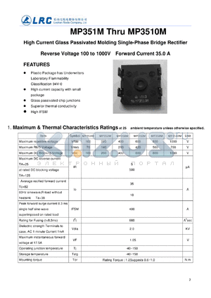 MP3510M datasheet - High Current Glass Passivated Molding Single-Phase Bridge Rectifier