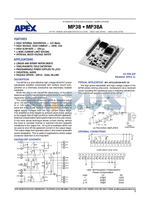 MP38A datasheet - POWER OPERATIONAL AMPLIFIER