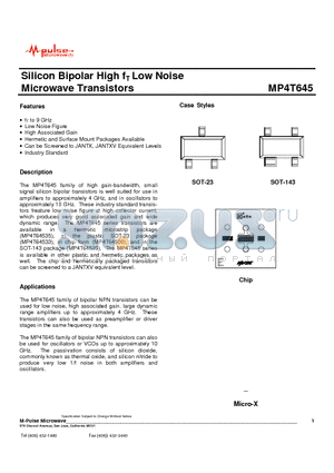 MP4T64533 datasheet - Silicon Bipolar High fT Low Noise Microwave Transistors