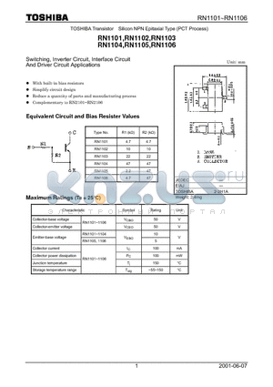 RN1102 datasheet - Switching, Inverter Circuit, Interface Circuit And Driver Circuit Applications