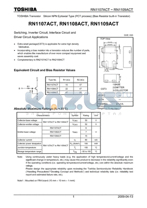 RN1107ACT datasheet - Switching, Inverter Circuit, Interface Circuit and Driver Circuit Applications