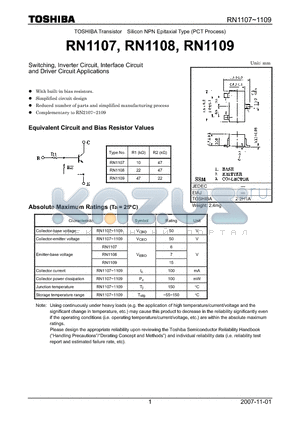 RN1108 datasheet - Switching, Inverter Circuit, Interface Circuit and Driver Circuit Applications