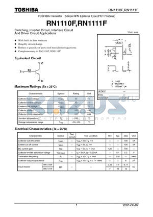 RN1111F datasheet - Switching, Inverter Circuit, Interface Circuit And Driver Circuit Applications