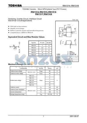 RN1318 datasheet - TOSHIBA Transistor Silicon NPN Epitaxial Type (PCT Process)