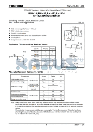 RN1424 datasheet - Silicon NPN Epitaxial Type (PCT Process) Switching, Inverter Circuit, Interface Circuit And Driver Circuit Applications