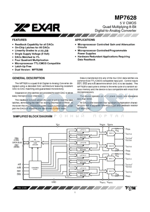 MP7628 datasheet - 5 V CMOS Quad Multiplying 8-Bit Digital-to-Analog Converter