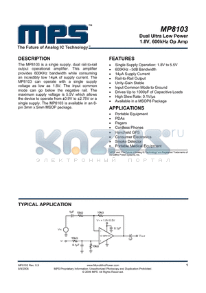 MP8103 datasheet - Dual Ultra Low Power 1.8V, 600kHz Op Amp