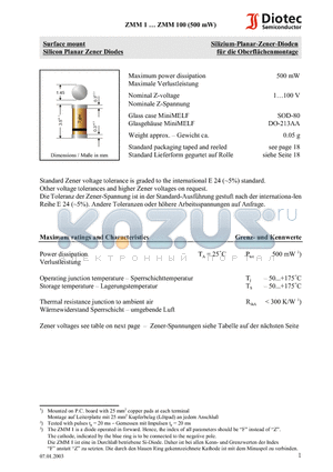 ZMM13 datasheet - Surface mount Silicon Planar Zener Diodes