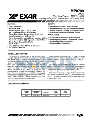 MP8799AE datasheet - CMOS Very Low Power, 1 MSPS, 10-Bit Analog-to-Digital Converter with 8-Channel Mux