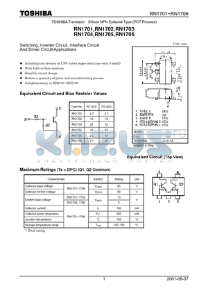 RN1702 datasheet - Switching, Inverter Circuit, Interface Circuit And Driver Circuit Applications