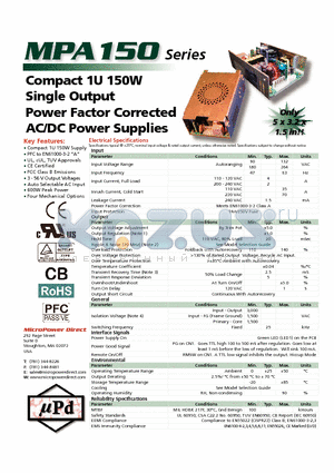 MPA150X-24Z datasheet - Compact 1U 150W Single Output Power Factor Corrected AC/DC Power Supplies