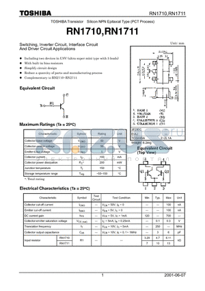 RN1711 datasheet - Switching, Inverter Circuit, Interface Circuit And Driver Circuit Applications