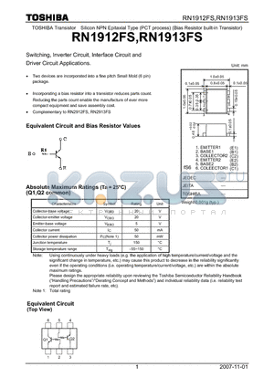 RN1913FS datasheet - Switching, Inverter Circuit, Interface Circuit and Driver Circuit Applications.