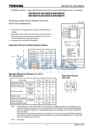 RN1962FS datasheet - Switching, Inverter Circuit, Interface Circuit and Driver Circuit Applications