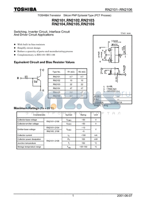 RN2101 datasheet - TOSHIBA Transistor Silicon PNP Epitaxial Type (PCT Process)