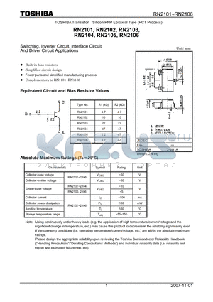 RN2101_07 datasheet - Silicon PNP Epitaxial Type (PCT Process) Switching, Inverter Circuit, Interface Circuit And Driver Circuit Applications