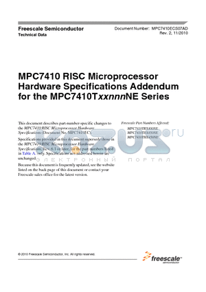 MPC7410TRX450NE datasheet - RISC Microprocessor Hardware Specifications Addendum