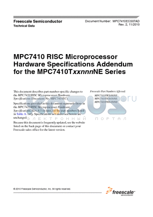MPC7410THX450NE datasheet - RISC Microprocessor Hardware Specifications Addendum