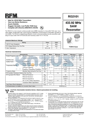 RO2101 datasheet - 433.92 MHz SAW Resonator