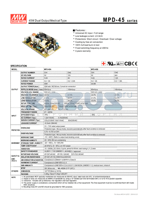MPD-45A datasheet - 45W Dual Output Medical Type