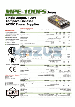 MPE-100FSS-15 datasheet - Single Output, 100W Compact, Enclosed AC/DC Power Supplies