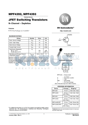 MPF4392 datasheet - JFET Switching Transistors N−Channel − Depletion