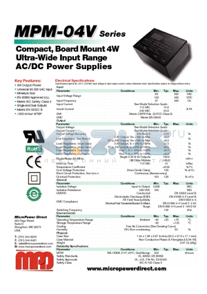 MPM-04V datasheet - Compact, Board Mount 4W Ultra-Wide Input Range AC/DC Power Supplies