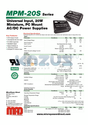 MPM-20S datasheet - Universal Input, 20W Miniature, PC Mount AC/DC Power Supplies