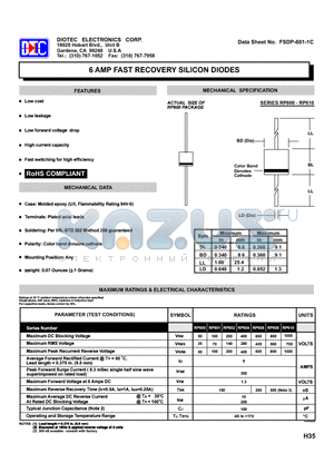RP606 datasheet - 6 AMP FAST RECOVERY SILICON DIODES